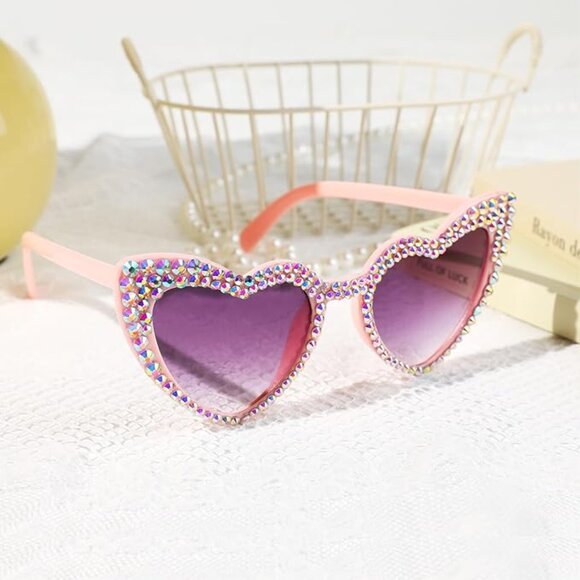 Funky Pink Heart Shaped Colorful Diamond Embellished Sunglasses OS New main image 4